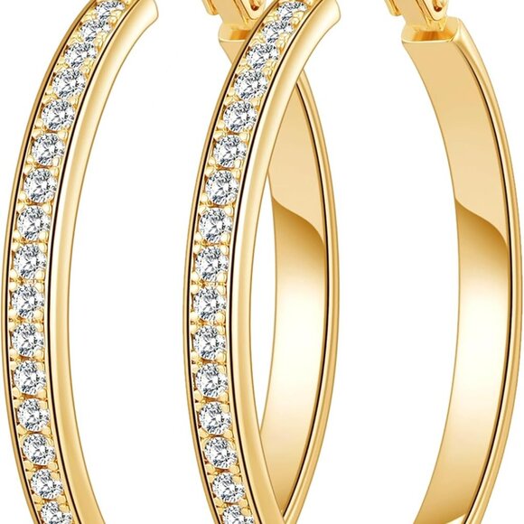 Gold Large Rhinestone Hoop Earrings 40mm for Women, Sterling Silver & Gold Plate - Picture 1 of 8